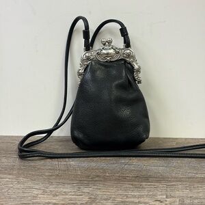 Brighton Leather Kisslock Mini Bag | Ornate Silver Frame | Black Crossbody
